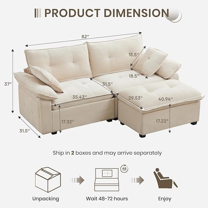 PALLOME 82" Deep Seat Comfy Cloud Couch, Modular Sectional Sofa with Movable Ottoman, L Shaped Chenille Sofa for Small Space, Modern Apartment Living Room & Office (Beige, 2-Seat + Ottoman)