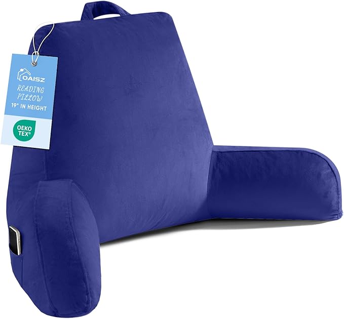 OAISZ Reading Pillow for Sitting in Bed Adult, Reading Pillow with Shredded Memory Foam, Bed Pillow with Washable Cover, Back Pillow Sitting Up with Extend Arms, Navy, X-Large