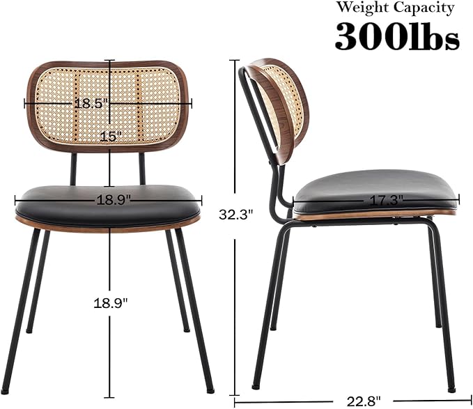 HOCEWI Rattan Dining Chairs Set of 4, Mid Century Modern Dining Chairs with Cane Back for Kitchen Dining Room, 19 Inch Faux Leather Black