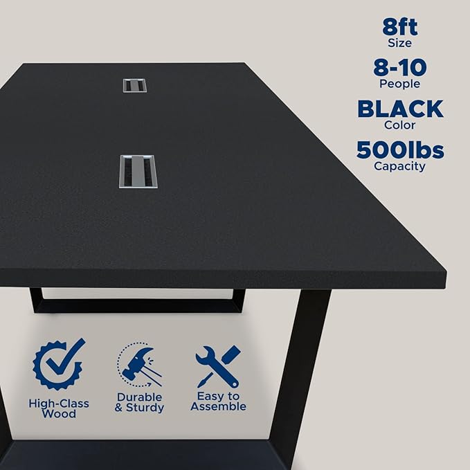 ahliss Sturdy Conference Table with Cable Management Grommets Modern Rectangle Office Meeting Table with Wood Tabletop and Metal Frame & Legs- Easy Assembly Boardroom Table (Black, 8 Foot)