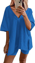 Ekouaer Womens Pajamas 2 Piece Lounge Sets Oversized V Neck T-Shirts Tops Biker Shorts Set Workout Reversible Tracksuit S-XXL