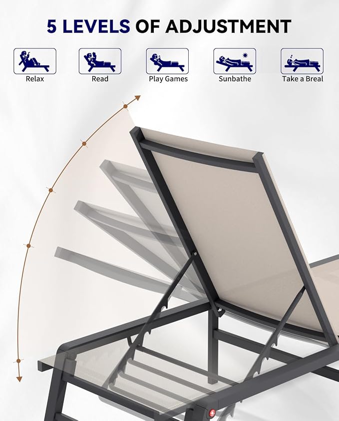 FHVIT Aluminum Chaise Lounge Chair Outdoor, Foldable Patio Lounge Chair Assemble-Free, Pool Lounge Chairs with 5 Adjustable Backrest, Outdoor Lounge Chairs for Outside Poolside Beach Lawn Blue