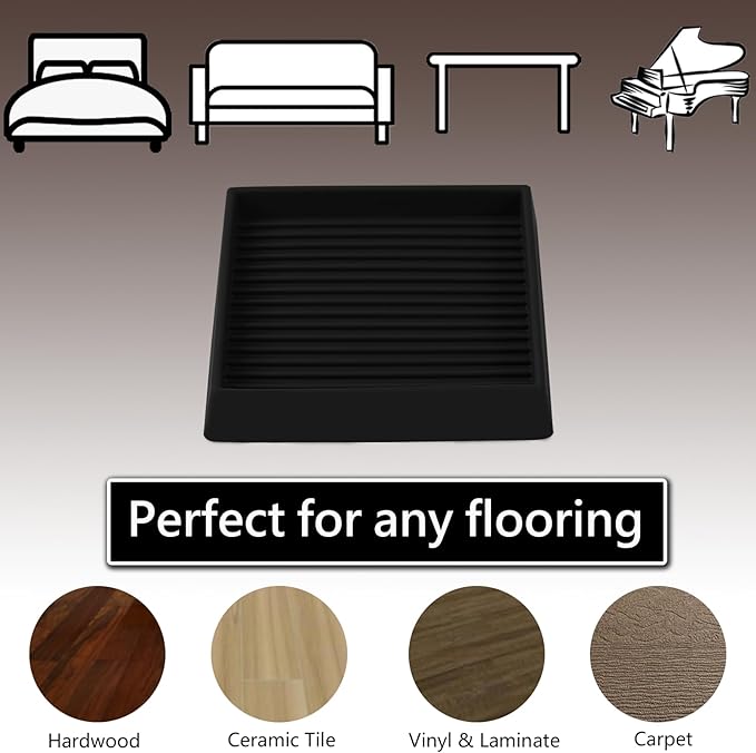 3x3 Square Rubber Furniture Caster Cups, Anti-Sliding Furniture Pads Bed Stopper Floor Protectors with Grip - Protect Any Flooring