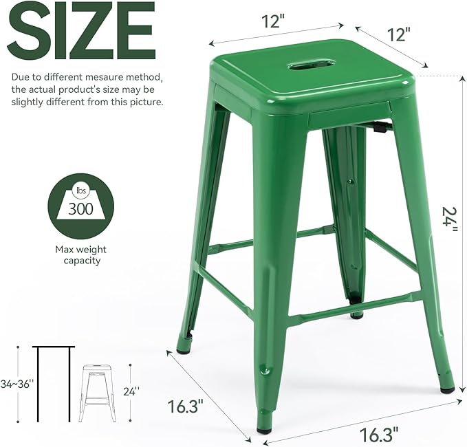 Vogue Furniture Direct 24 Inch Metal Bar Stools, Backless Counter Height Barstools, Indoor Outdoor Stackable Stools with Square Seat, Set of 4 (Green)