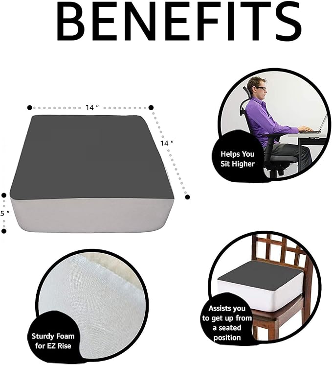Comfort Finds Rise with Ease Seat Cushion - Thick Firm Chair Cushion Booster - Extra Thick Foam Pad for Home, Patio, Office and Car Seats - Extra Supportive Lift - 15.5 X 18 X 5 - Gray