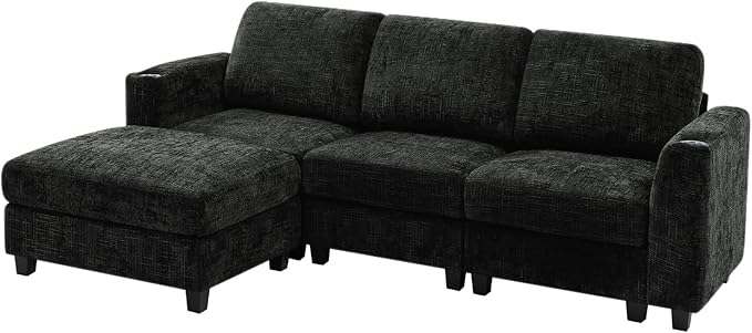 Lesofair 87" Convertible L-Shape Couch with Flexible Ottoman, Soft Sectional Sofa with 2 Built-in Cup Holders, Chenille 3 Seats Sofa with Well-Filled Back Cushions for Living Room, House, Black