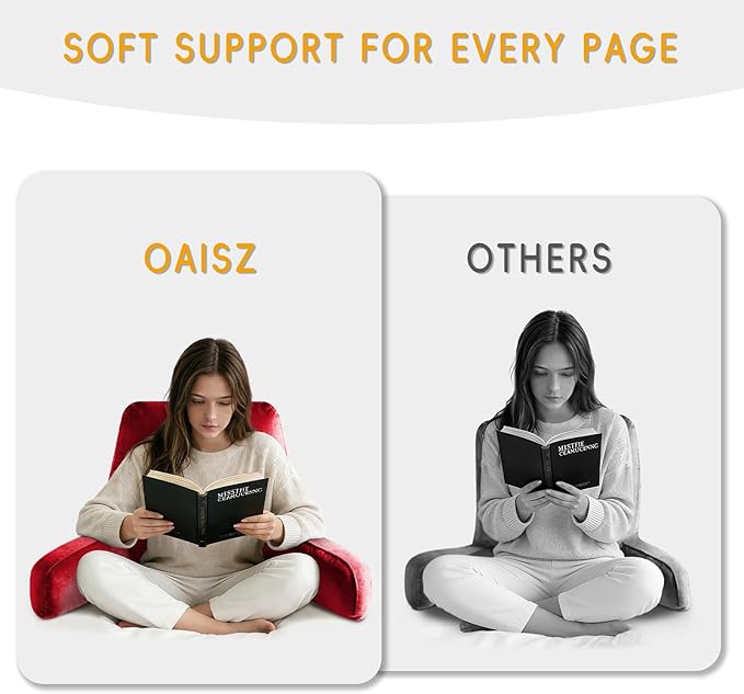OAISZ Reading Pillow for Sitting in Bed Adult, Reading Pillow with Shredded Memory Foam, Bed Pillow with Washable Cover, Back Pillow Sitting Up with Extend Arms, Red, X-Large