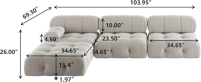 JACH L-Shaped Modular Sectional Couch, Modern Deep 3-Seat Couches with Chaise Ottoman, 104'' Minimalist Teddy Velvet Sectional Sofas, Convertible Sleeper Sofa for Living Room Apartment (Beige)