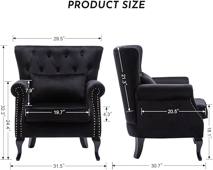 LZAREAL Accent Reading Arm Chairs for Living Room Bedroom, Midcentury Modern Comfy Corner Sofa Chair, Wingback Waiting Room Club Chair with Button Tufted Back &Lumbar Pillow, Velvet Black