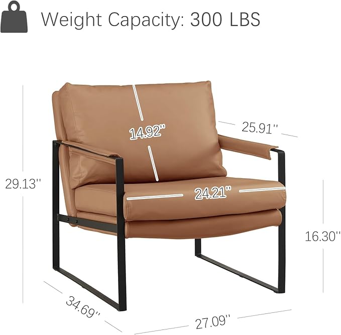 Zouron Genuine Leather Accent Chair, Mid Century Modern Chair with Black Metal Frame, Single Sofa Chair, Upholstered Lounge Reading Armchair for Living Room Bedroom, Khaki
