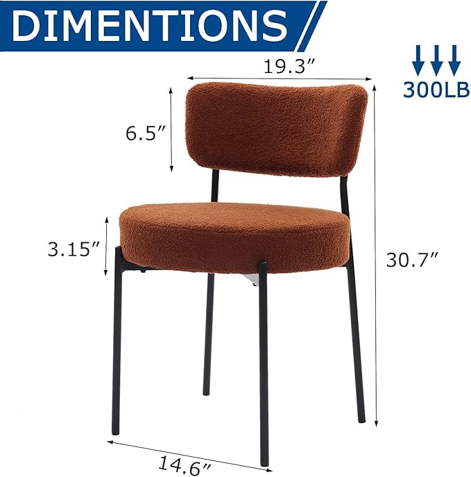 Stabrech Brown Boucle Dining Chairs Set of 4, Upholstered Dinner Chair with Metal Frame, Dining Room Chairs with Padded Seat, Round Modern Seating for Living Room
