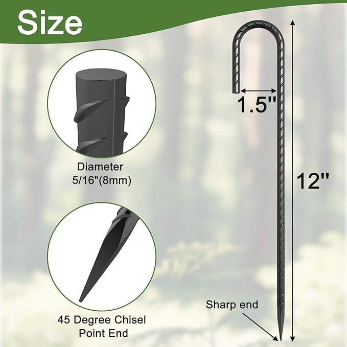 OK5STAR J Hook Rebar Stakes 12 Inch 16 Pack, 5/16 Inch Diameter Heavy Duty Steel Tent Stakes, Black E-Coated Anti-Rust Ground Anchors for Fencing, Tarp, Outdoor Decorations, Inflatables, Bounce House