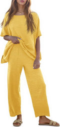 Tankaneo Women's 2 Piece Travel Outfits Casual Short Sleeve Knit Sweater Set Wide Leg Pants Lounge Sets Tracksuit