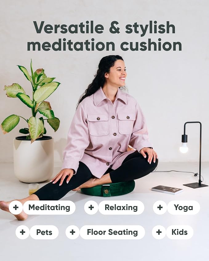 Mindful Modern Velvet Meditation Cushion | Luxe Zafu Yoga Floor Pillow Seat | Posture Support | Buckwheat Hull Filled | Large Round Cushion with Removable Washable Cover + Carry Handle