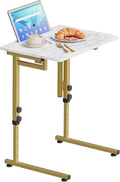 Katrawu Folding tv Tray Dinner Snack Table,6 Height Adjustable Slide Under Couch Side Table, Portable Small Foldable C-Shaped End Table for Eating with Sturdy MDF Top,No Assembly(White Marble+Gold)