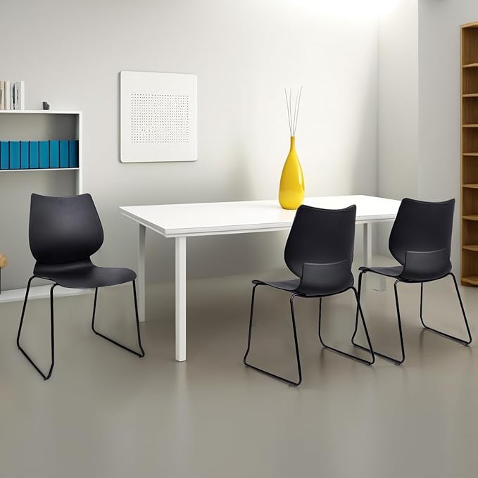 Stackable Waiting Room Chair, Stacking Office Chair with Ergonomic Lumbar Support and Metal Legs, Plastic Desk Chairs for Conference School Church Guest Reception Set of 8, Black