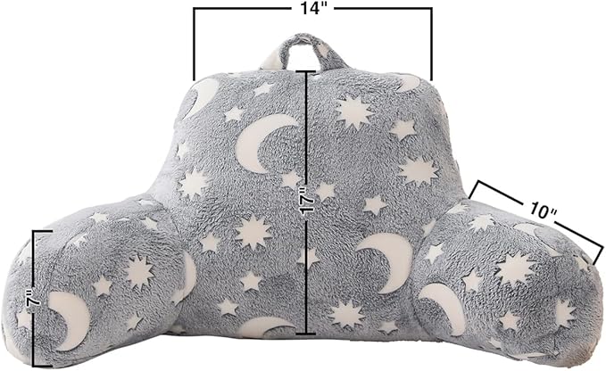 Holawakaka Glow in The Dark Reading Pillow for Sitting up in Bed Sofa Kids Teens, Luminous Moon Stars Backrest Pillow with Arms for Boys Girls Petites, Back Support Cushion for Couch Nursery Playroom