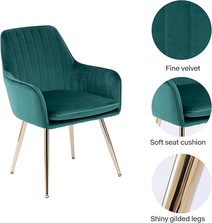 Purgreen Velvet Dining Chair Set of 4 - Modern Mid-Back Accent Chair with Gold Plating Legs - Upholstered Living Room Chair (Velvet Green, Set of 4)