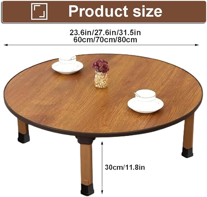 Japanese Foldable Coffee Table, Portable Low Tea Table Wooden Folding Dining Study Breakfast Serving Table Collapsable Small Desk Tatami Sitting On The Floor Table (23.6 * 11.8in, Round)
