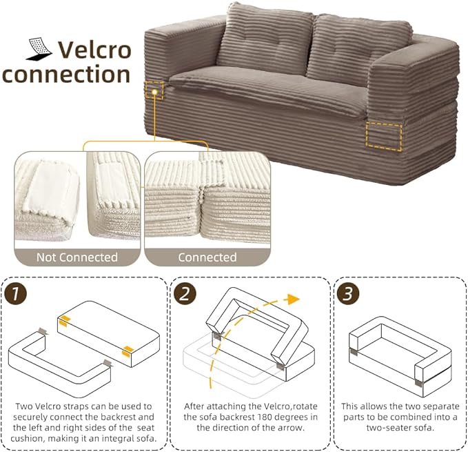 80" Foldable Floor Couch, 3-Seat Convertible Sleeper Sofa with Chaise Lounge, Blanket and 3 Soft Pillows, Corduroy Fabric, for Living Room, Bedroom, Apartment, No Assembly Required, Coffee