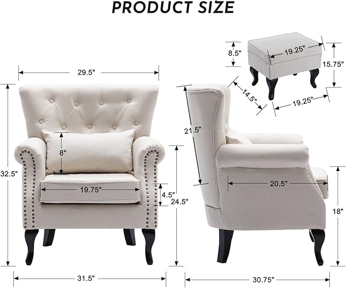 LZAREAL Accent Reading Arm Chairs with Ottoman Set of 2 for Living Room Bedroom, Midcentury Modern Corner Sofa Chair, Wingback Waiting Room Club Chair with Tufted Back &Lumbar Pillow, Linen Beige