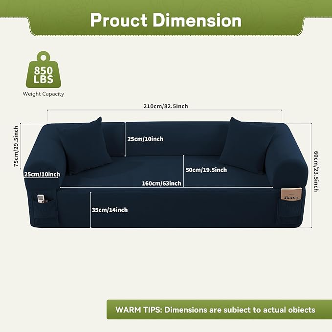 GJQ 3 Seater Couch, Corduroy Boneless Couches for Living Room,Compressed Cloud Sofa in a Box with 2 Pillows & Storage Bag,Memory Foam Floor Sofa with Armrests,No Assembly Required,Blue
