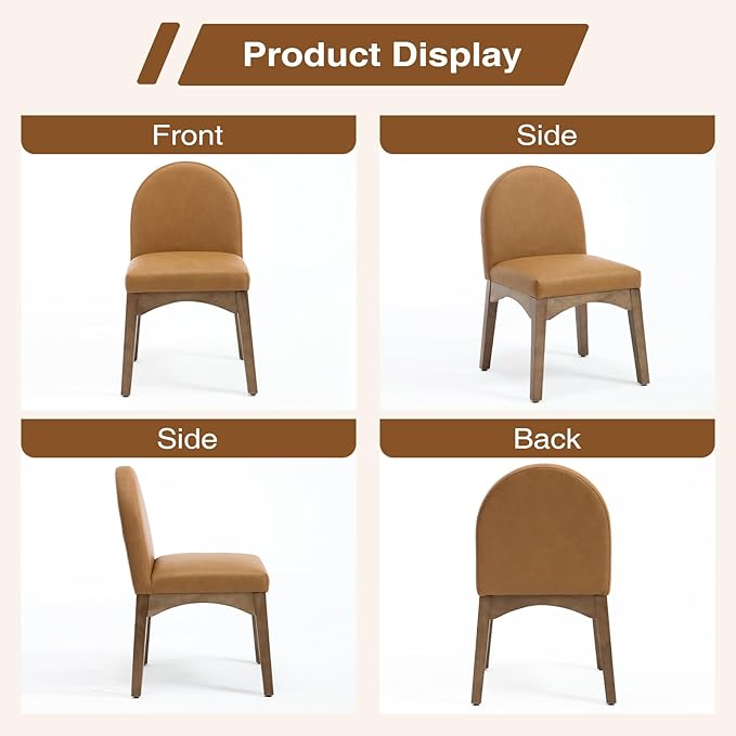 HNY Mid Century Modern Dining Chairs Set of 4, Faux Leather Upholstered Dining Room Chairs Armless Kitchen Chairs with Solid Rubberwood Legs, Accent Side Chairs for Living Room, Brown