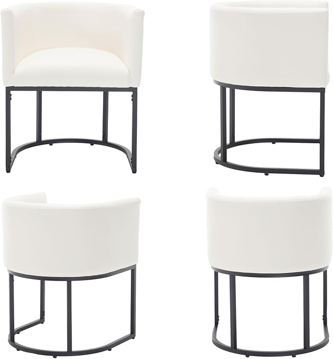 VESCASA Faux Leather Upholstered Dining Chair with Barrel Back, Modern Padded Restaurant Chair with Black Metal Frame for Kitchen, Dining Room, 1 Piece, White