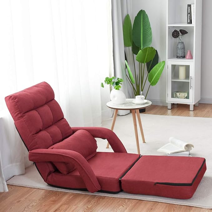 Giantex Folding Floor Chair with 6-Position Adjustable Backrest, Armrests & Removable Pillow, 330Lbs Capacity, Lazy Sofa Armchair, Chaise Lounge Bed, Gaming Recliner for Living Room Bedroom, Red
