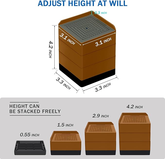 ANNKUT Bed Furniture Risers 4 Inch, Heavy Duty Furniture Elevator in Heights of 1.5, 3 or 4 Inch， Square Raising Blocks for Bed, Couch, Desk, Sofa, Tables,Support Up to 1,300 Lbs (4 Pack-Brown)