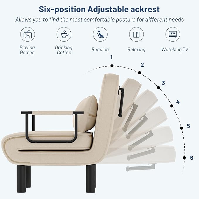 Furniliving 4 in 1 Folding Sofa Bed Chair, Convertible Sleeper Chair Bed with 6-Position Adjustable Backrest, Upholstered Chaise Lounge with Pillow, Accent Chairs for Bedroom/Office, Linen, Beige, 2