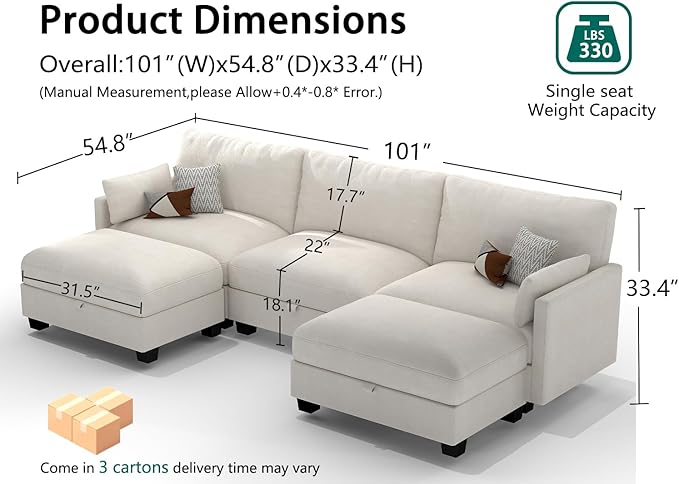 Modular Sectional U Shaped Sofa Couches for Living Room, Cloud Couch with Storage Ottoman, Comfy Chenille Sofa with Pillow, Beige