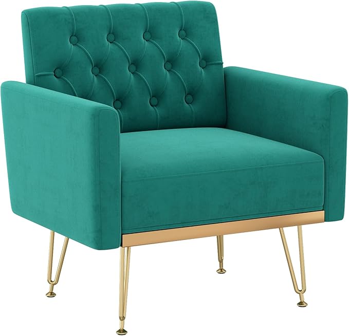 Accent Chair for Living Room, Comfy Oversized Velvet Upholstered Arm Chairs, Mid Century Modern Reading Single Sofa Side Chair with Tufted Back and Gold Legs for Bedroom (1, Green)