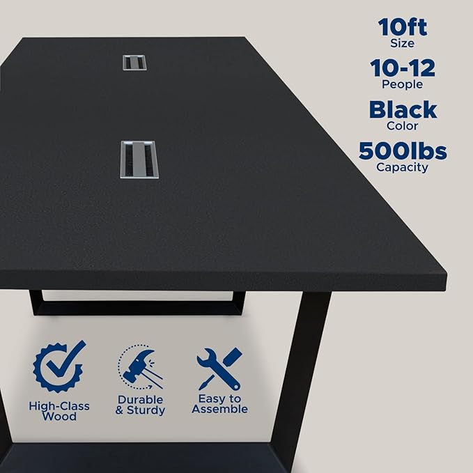 ahliss Sturdy Conference Table with Cable Management Grommets Modern Rectangle Office Meeting Table with Wood Tabletop and Metal Frame & Legs- Easy Assembly Boardroom Table (Black, 10 Foot)