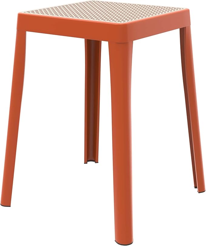 LeisureMod Stackable Square Plastic Dining Stool - Mid-Century Modern Backless Accent Stool with Wicker Top for Kitchen & Dining Room, Orange