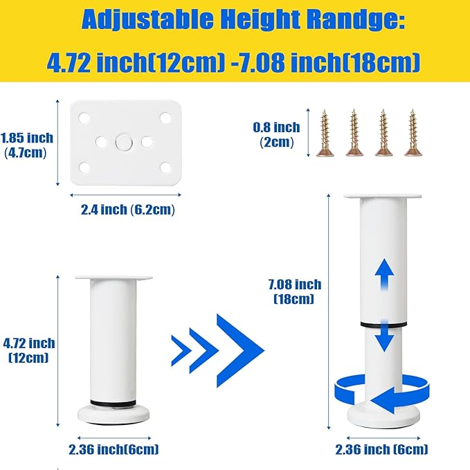 Olldag 4PCS Adjustable Furniture Couch Cabinet Legs 4.72-7.48 Inch [with 18 PCS Screws], Heavy Duty Adjustable Height Replacement Legs for Dresser/Sofa/Bed/Chair, Legs for Furniture Set of 4 (White)