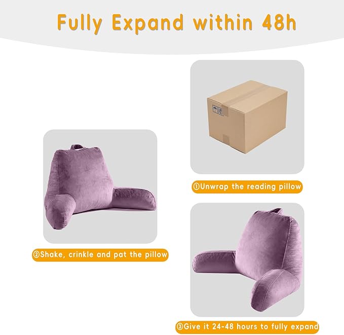 OAISZ Reading Pillow for Sitting in Bed Adult, Reading Pillow with Shredded Memory Foam, Bed Pillow with Washable Cover, Back Pillow Sitting Up with Extend Arms, Purple, X-Large