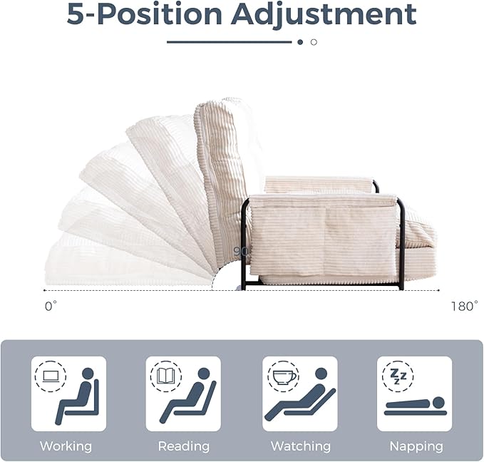MAXYOYO Adjustable Floor Sofa Couch with Pillow, Multi-Functional Bean Bag Bed, 5-Position Foldable Lazy Sofa Sleeper Bed with Armrest, Versatile Floor Seating for Reading Gaming, Beige, Single
