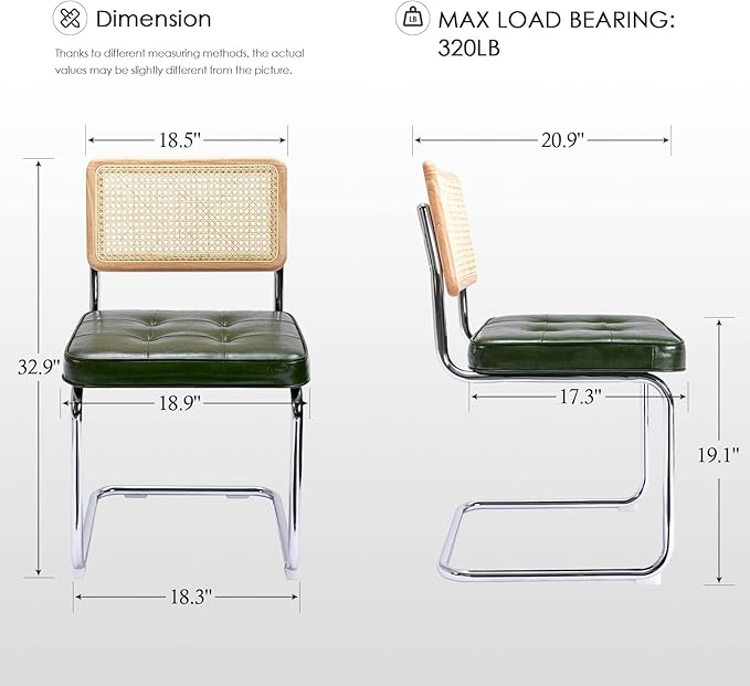 Zesthouse Natural Rattan Dining Chairs Set of 2, Modern Dining Room Chairs with Solid Wood Back for Kitchen Living Room, Mid Century Breuer Design Inspired, Upholstered Faux Leather Green