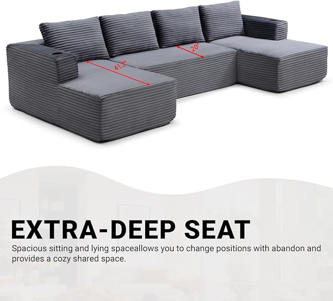132" Modular Sectional Sleeper Sofa, Boneless Cloud Couch for Living Room, U Shaped 5 Seat Sofa with 2 Cup Holders, Free Combination, No Assembly Required (Grey)