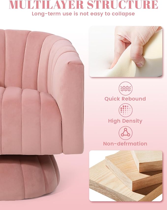 Kromax Swivel Accent Chair with Armrest, Set of 2, Mid Century 360 Degree Swivel Barrel Chair Overstuffed Tufted Velvet, Ideal for Living Room, Bedroom, Reading Room, Light Pink