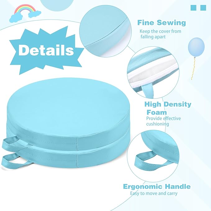 Sawysine 2 Pcs 14 Inch Floor Cushions with Handle, Flexible Round Floor Seating Pillows for Home School Classroom Kindergarten Daycare Nursery, 2 Inch Thick(Blue)