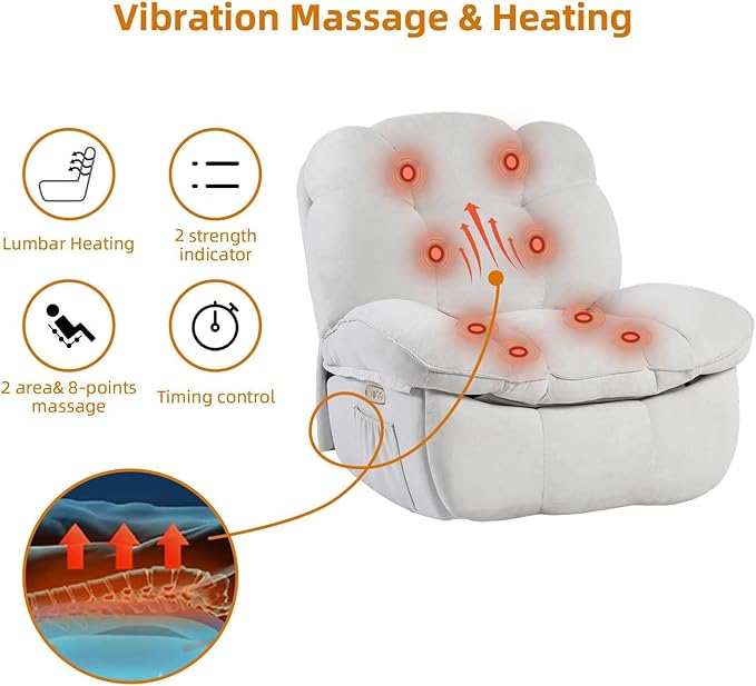 EDWELL Massage Swivel Recliner Chair, Oversized Rocker Recliner with Heated, Vibration Massage and Lumbar Heat Ergonomic Rocker Chair for Adults with Side Pocket, USB Charge Port, White