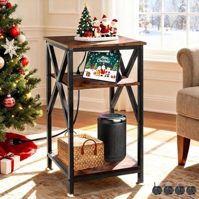 TooCust 3 Tier End Table with Charging Station, 16" W x 12" D x 28" H, Metal and Brown Bedside Table with USB Ports and Outlets, X-Shaped Side Table with Wheels for Living Room, Bedroom, Kitchen