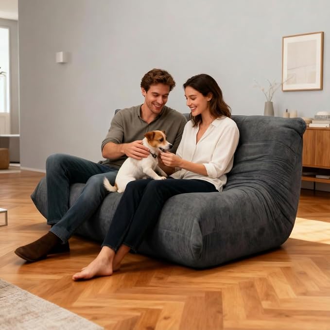 Sytopia Loveseat Bean Bag Chair, Oversized Reading Chair for Adults Ultra-Comfy, Corner Floor Sofa 40D Foam, Togo Sofa Furniture for Living Room Bedroom Gaming, Black Onyx