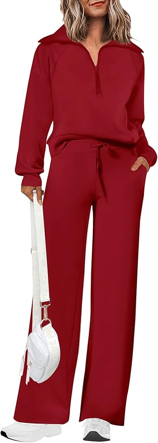 PRETTYGARDEN Women's 2 Piece Outfits Casual Lapel Half Zip Sweatshirts and Wide Leg Pants Tracksuit Sets