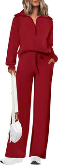 PRETTYGARDEN Women's 2 Piece Outfits Casual Lapel Half Zip Sweatshirts and Wide Leg Pants Tracksuit Sets