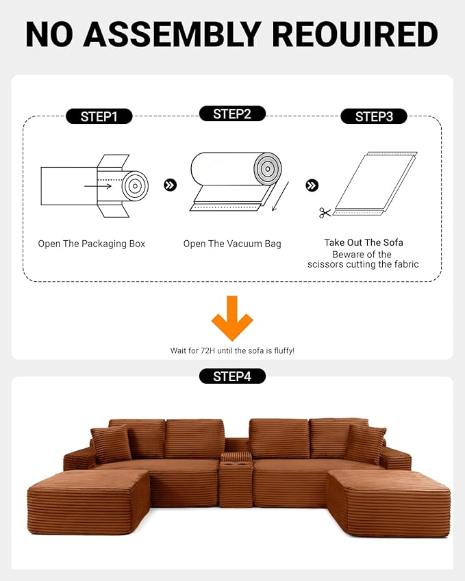 150" Oversized Modular Sectional Sofa, Deep Seat Cloud L-Shape Corduroy Couch with Cup Holders, USB Ports, Wireless Charging & Storage Box, Upholstered Modular Sleeper Sofa for Living Room (Orange)