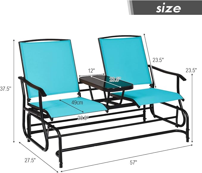 S AFSTAR 2-Person Outdoor Glider, Patio Glider Bench Chairs with Center Tempered Glass Table & Breathable Loveseat, Double Swing Glider Chair for Porch Garden Poolside Balcony Lawn (Turquoise)