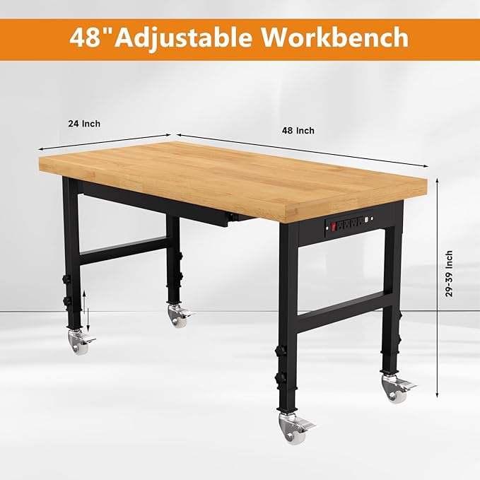 48" Heavy-Duty Solid Wood Work Bench with Drawers, Adjustable Height Workbench with Wheels, 2000 LBS Capacity Work Table with Power Outlets for Garage, Workshop(48" X 24")